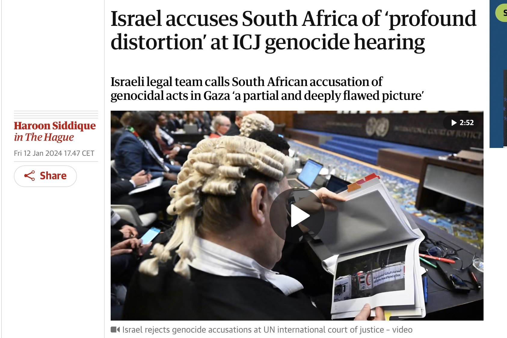 Skjermbilde av en artikkel i The Guardian som omhandler Israels rettssak i Den internasjonale domstolen.