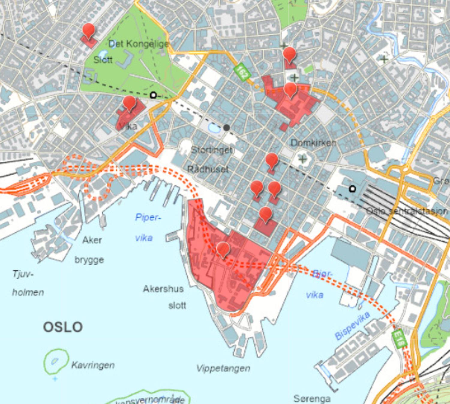 Kart over røde områder i Oslo
