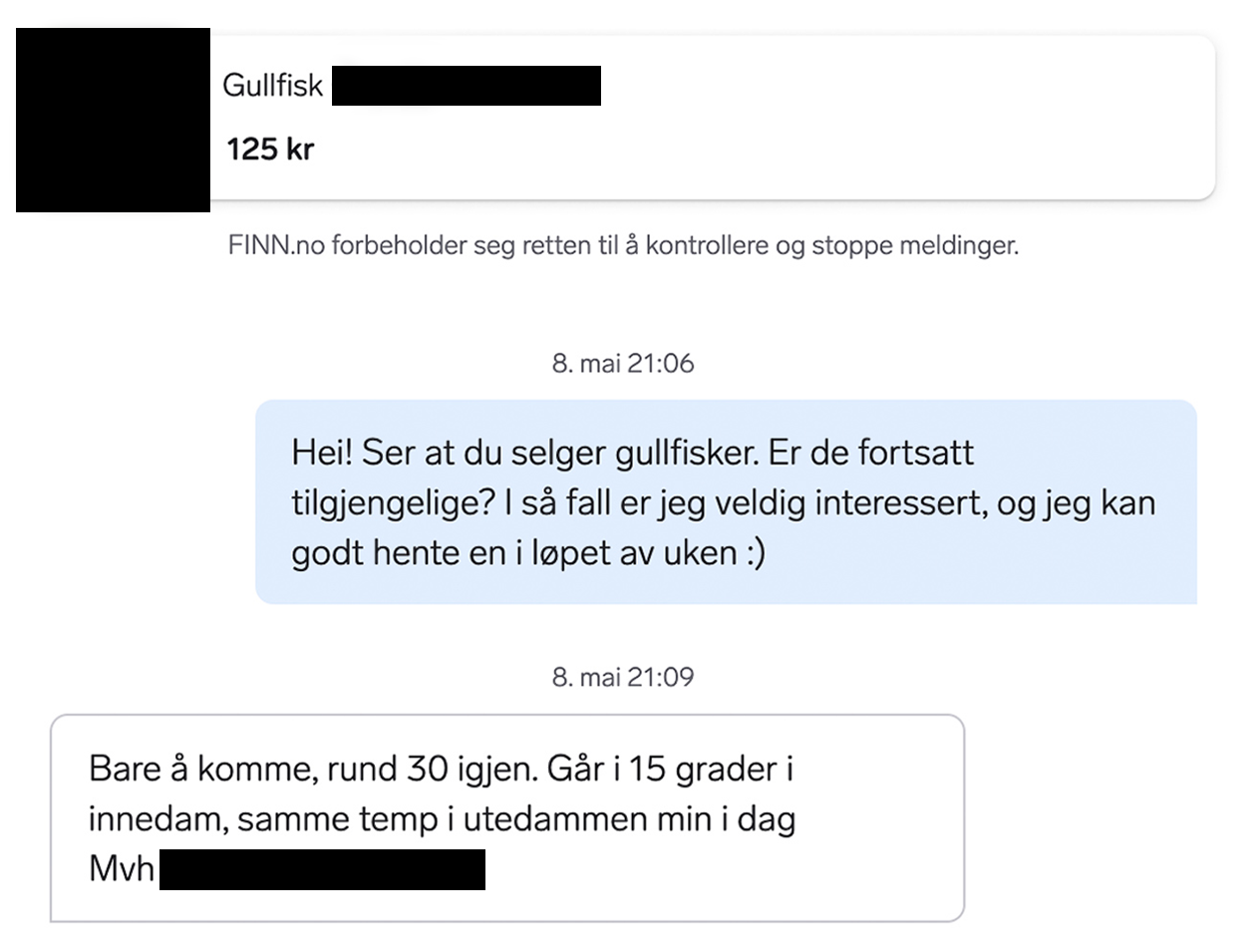 chatmelding om forespørsel av kjøp av fisk på finn.no