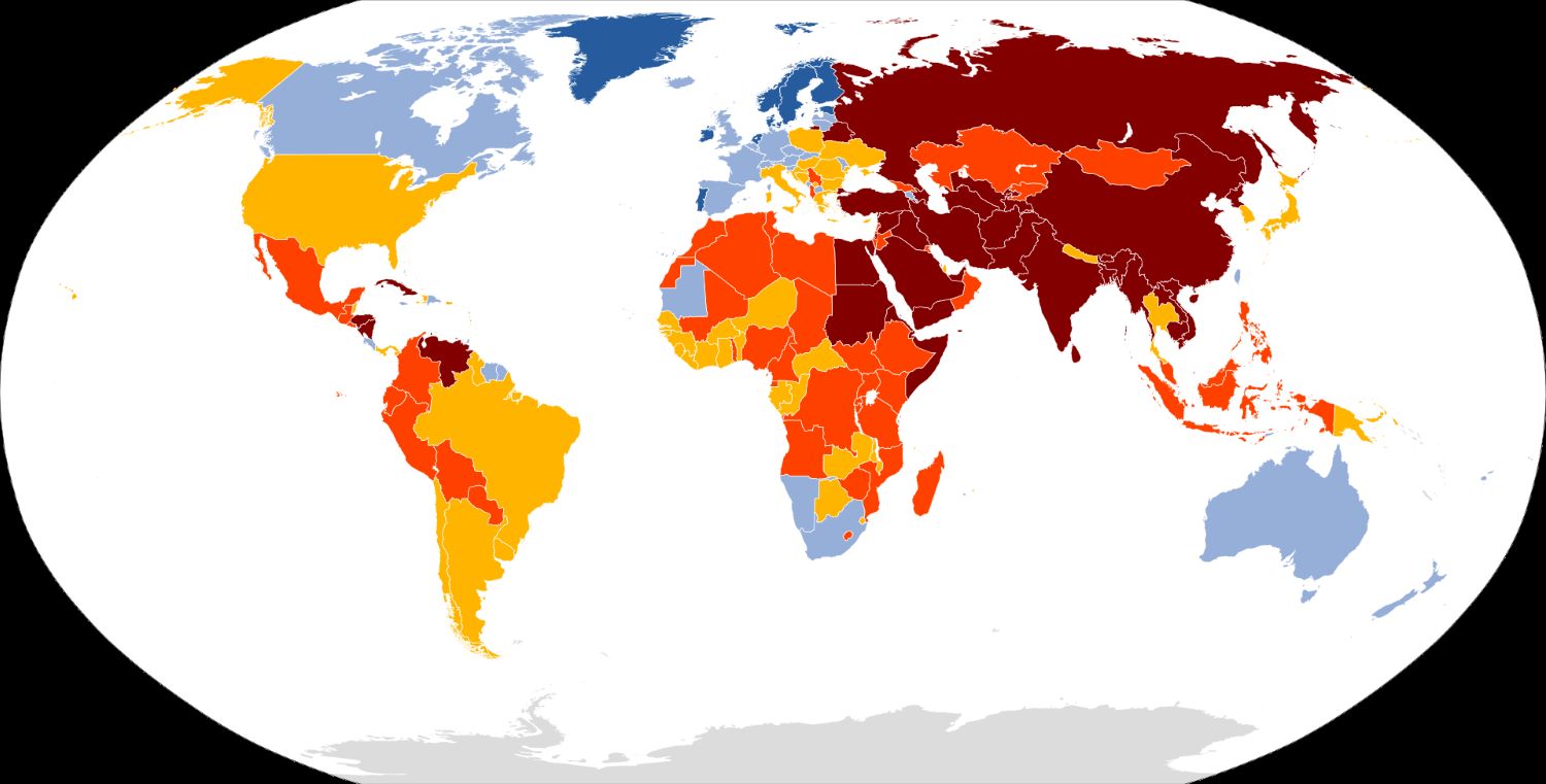 Et kart som gir oversikt over land sin press freedom index