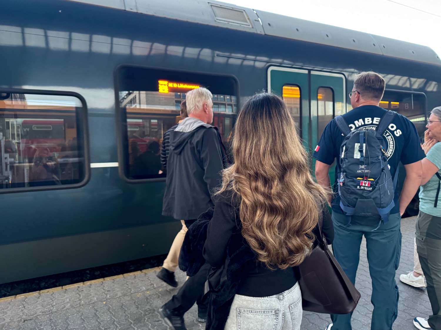 Taban utenfor toget på Oslo S. Langt, brunt hår med ryggen til kamera. Står utenfor toget før dørene åpner.