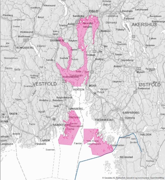 Farget rosa er de tre områdene det blir fiskeforbud i fra 2026.