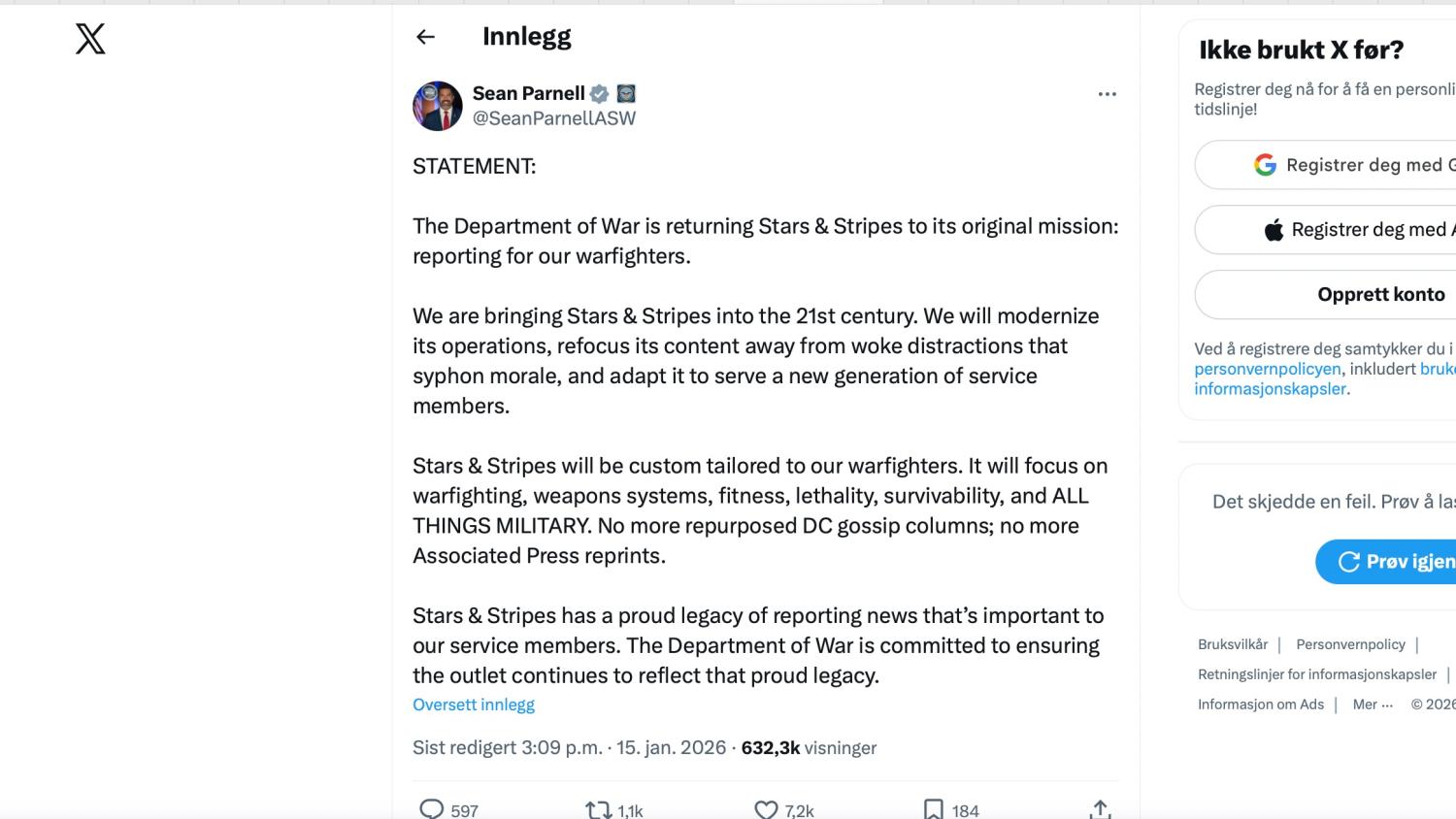 Skjermbilde av et innlegg publisert av Sean Parnell p&aring; X.