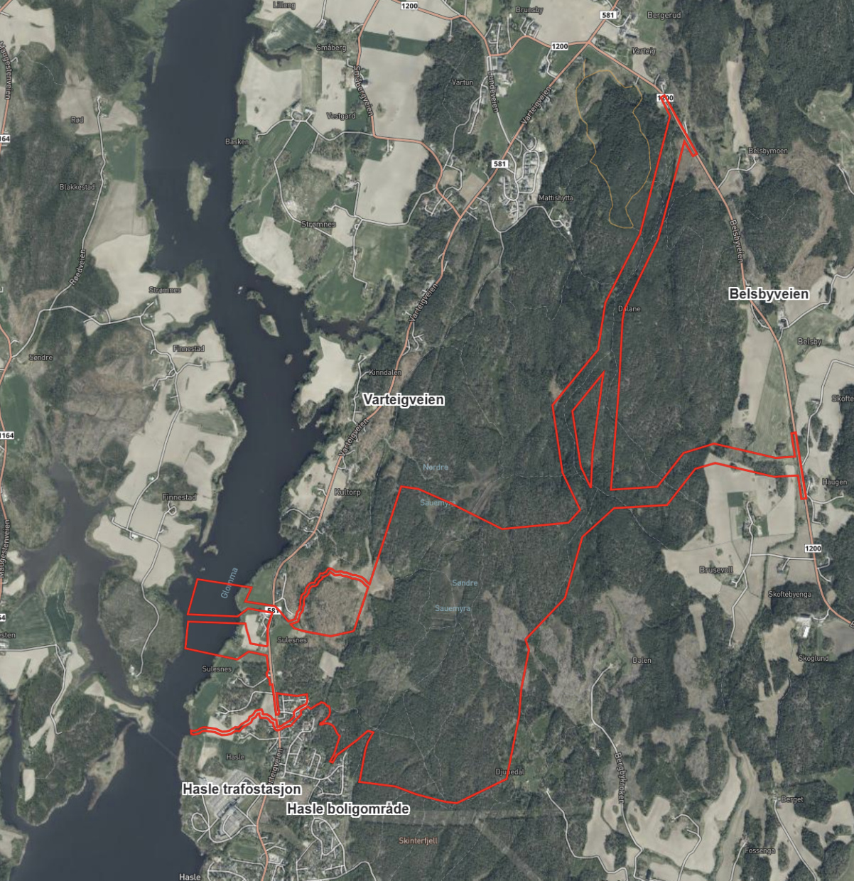 Kart over det potensielle datasenteret p&aring; Hasle i Sarpsborg