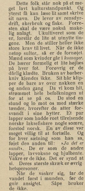En krenkende spalte om samer fra avisa Nordlys i 1908.