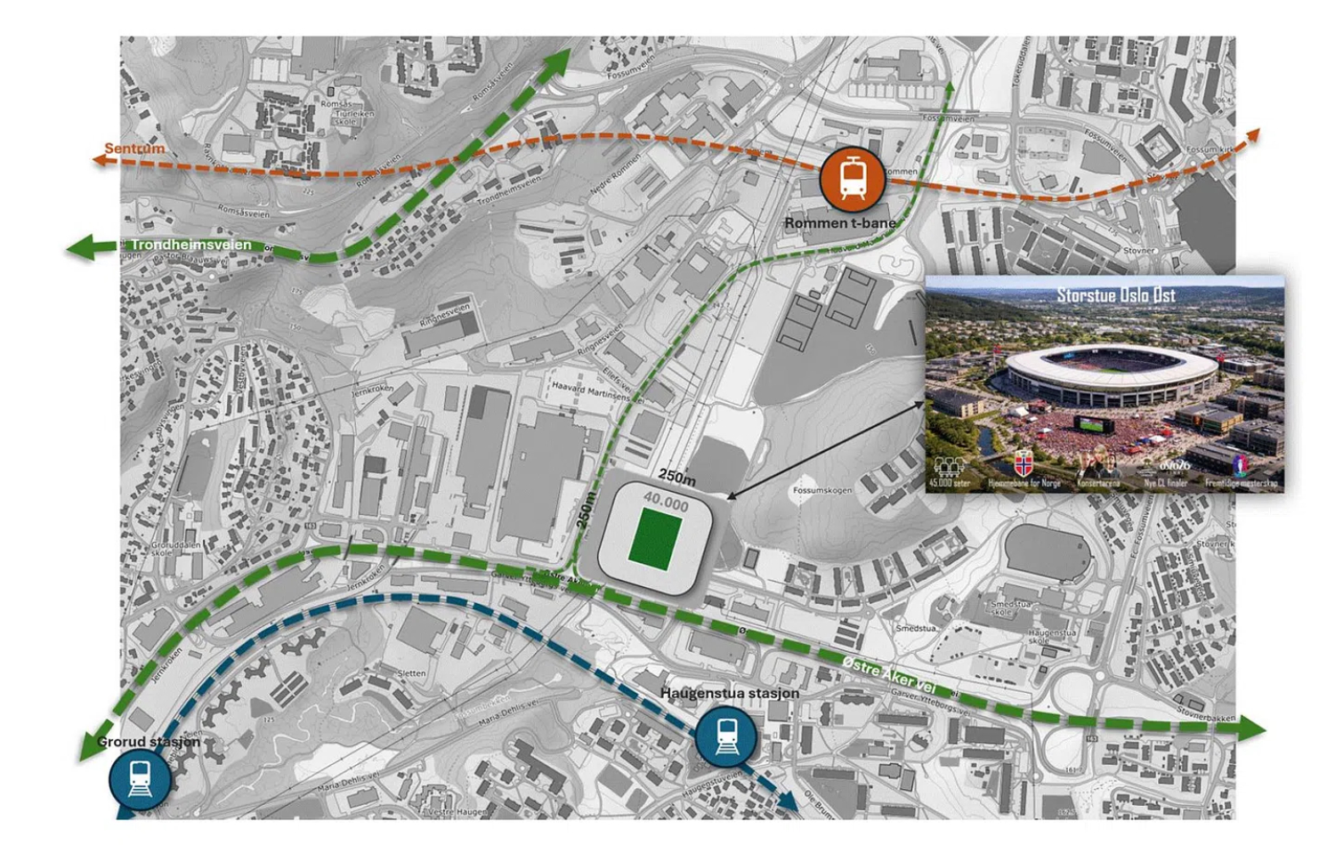 Illustrasjon av tenkt beliggenhet for ny fotballstadion