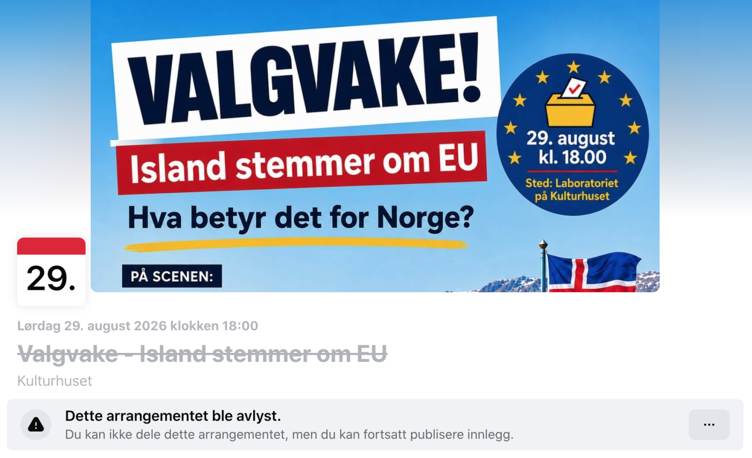En skjermdump av et avlyst arrangement