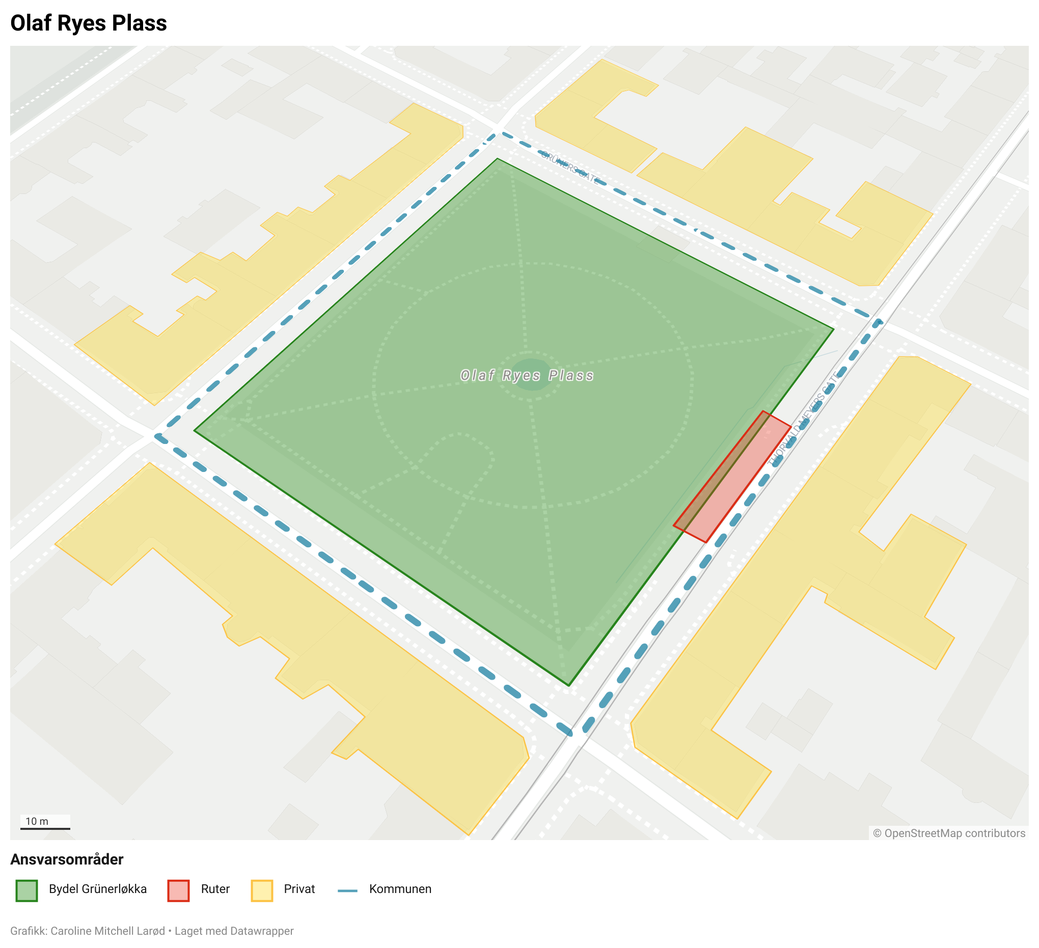 Kart over Olaf Ryes plass spm viser ansvarsfordelingen rundt og i parken.