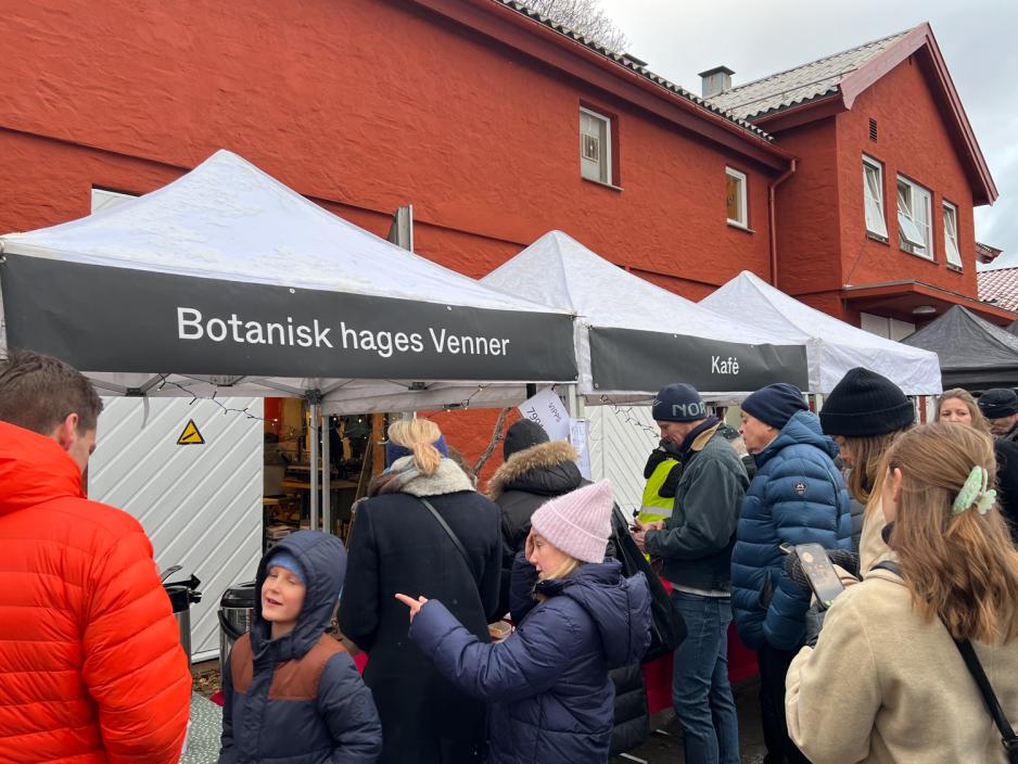 Salgsboder i hvitt telt. Stor tekst der det står "botanisk hages venner", folk omkring som kjøper og snakker sammen