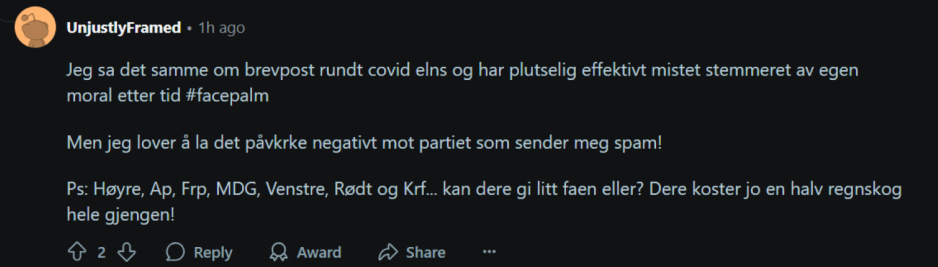 En frustrert bruker på reddit klager over valgkampen partiene fører.