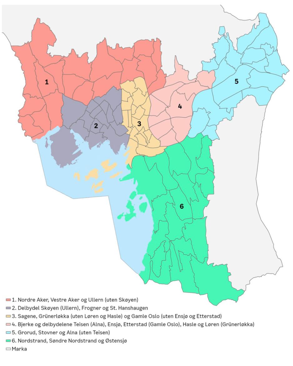 Et kart over Oslo byråds forslag til 6 nye bydeler. Her er Skøyen slått sammen med Frogner og St. Hanshaugen. 