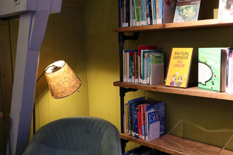 Stol og lampe med bokhyller bak.