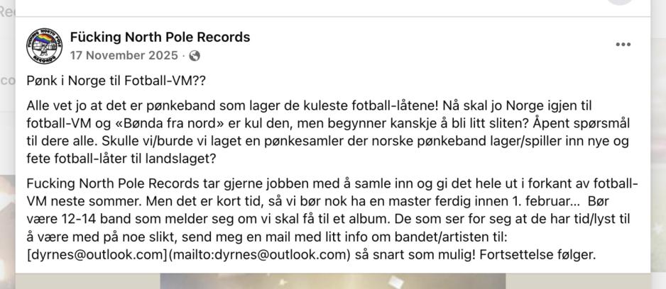 Bilde av facebook innlegg hvor F&uuml;cking North Pole Records oppfordrer til at punkeband i norden skal lage VM-l&aring;ter til et samlealbum