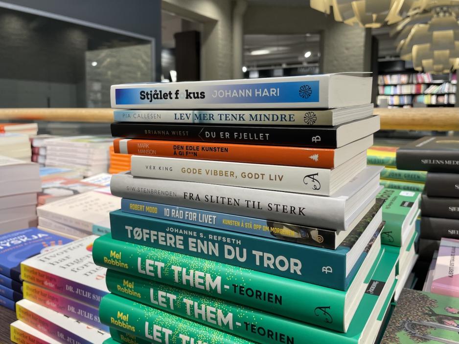 En bunke med mange selvhjelpsb&oslash;ker 