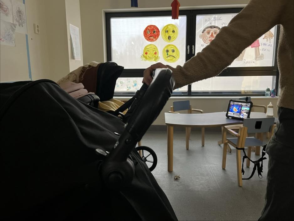 Barenhagel&aelig;rer som triller en vogn