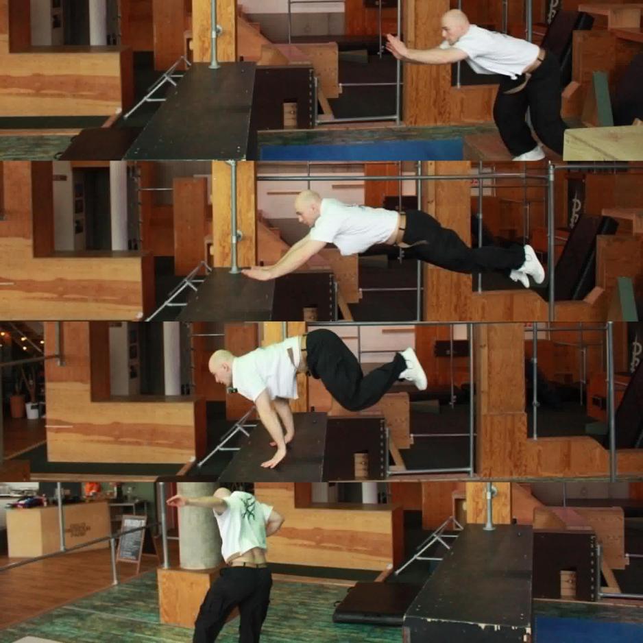 En bildekollasje av Christian Hansen som parkourerer. 