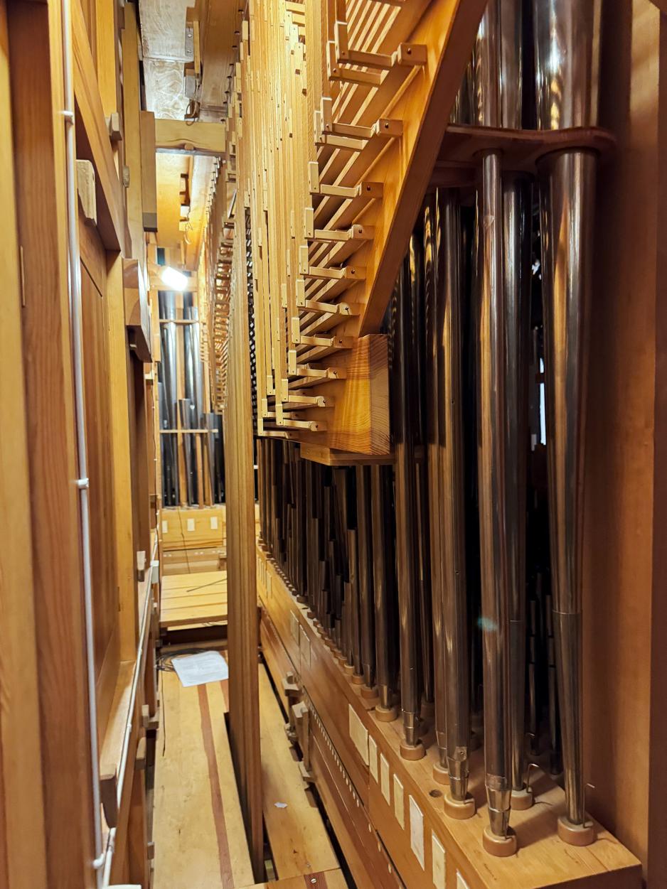 Viser mekanismen bak et orgel. Til h&oslash;yre ser man en rad av orgelpiper.