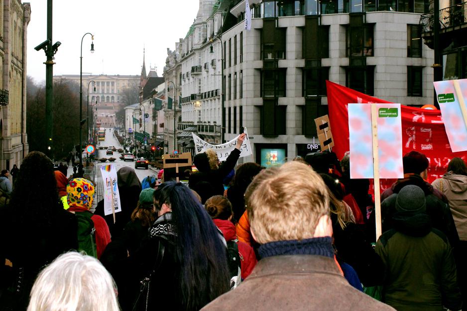 Toget for inkluderende 8. mars g&aring;r nedover Karl Johan mot slottet.