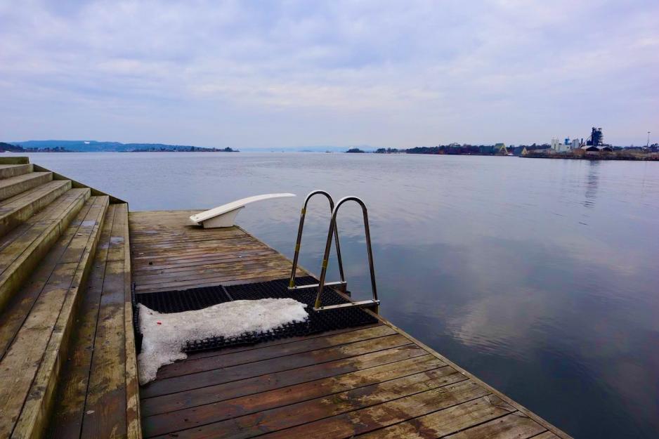 Brygge p&aring; Tjuvholmen med stupebrett og stige