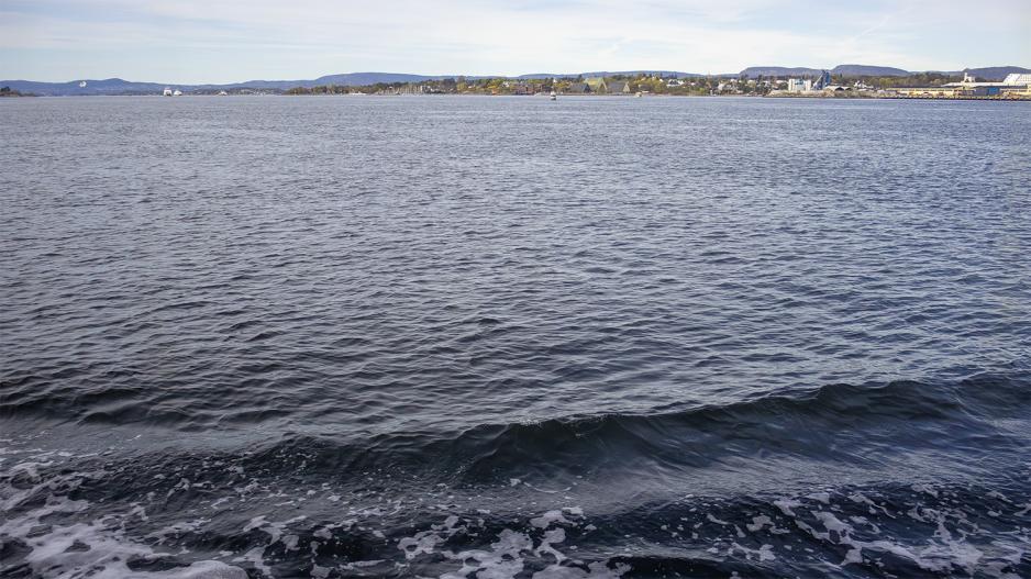 B&oslash;lger i havet med land synlig i horisonten.