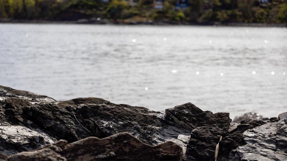 I forgrunnen er det masse steiner, mens i bakgrunnen ser man vann og land.