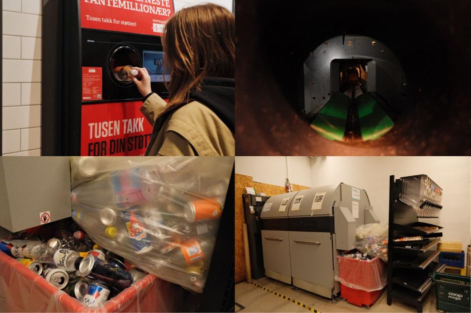 Fire bilder av panteprosessen p&aring; Coop Mega Bislett.