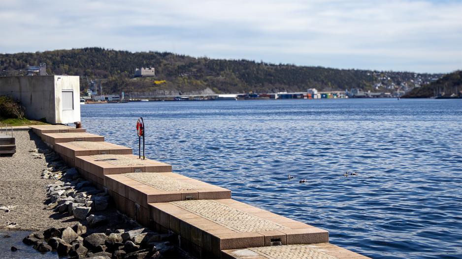 Vannkant i forgrunnen, hav i mellom og land i horisonten.