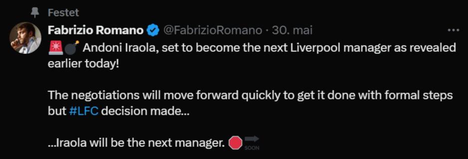 Fabrizio Romano p&aring; X om Andoni Iraola
