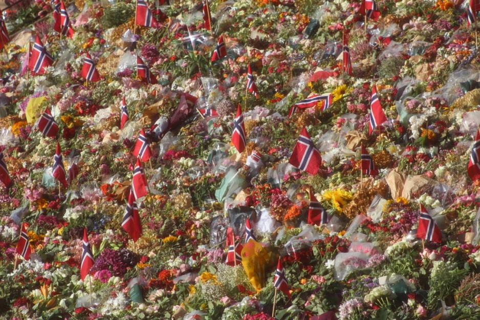 Blomsterhav med det norske flagget mellom blomstene.
