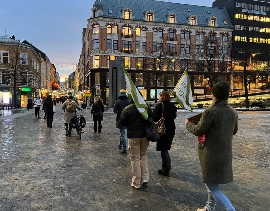 Demonstrante beveger seg bortover Youngstorget