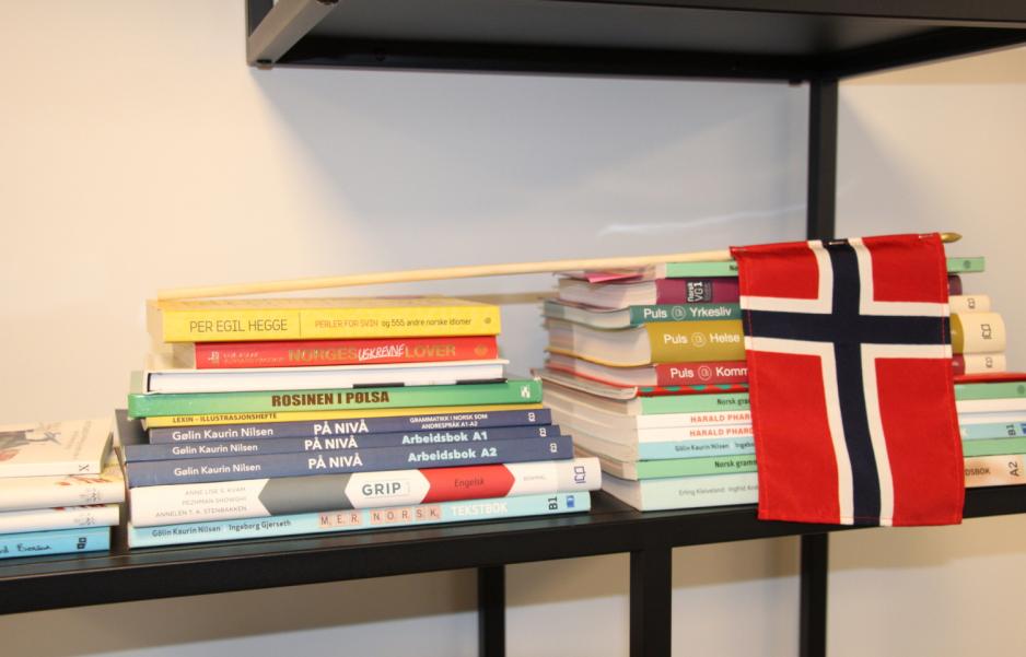 Bokhyllen med boker til språkundervisning og Norges flagg.