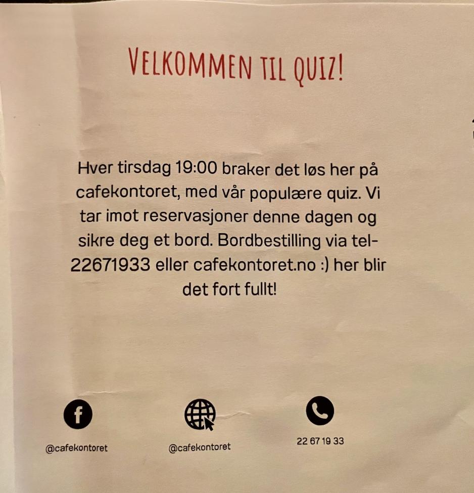 Informasjon om quizkveld på cafékontoret