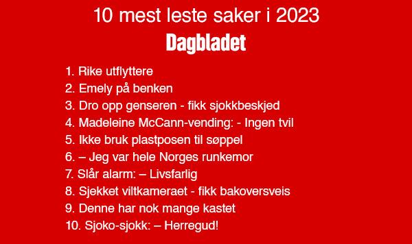 En rød bakgrunn med hvit tekst. Teksten sier: 10 mest leste saker i 2023 fra Dagbladet. Videre står en liste med titlene på alle de ti sakene.