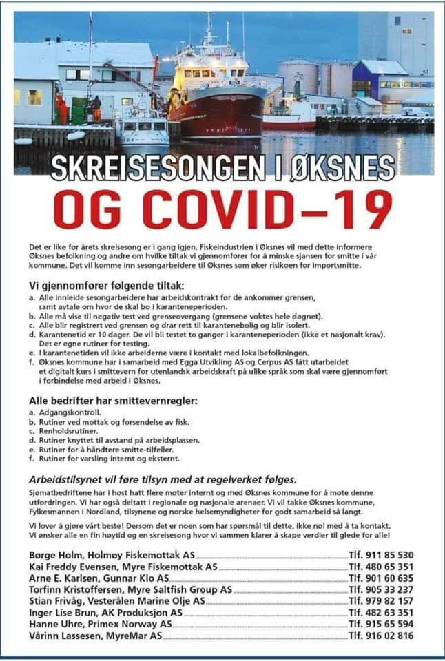 Plakat som forklarer hva Myre Fiskemottak AS jobber med for å unngå importsmitte i lokalsamfunnene. 