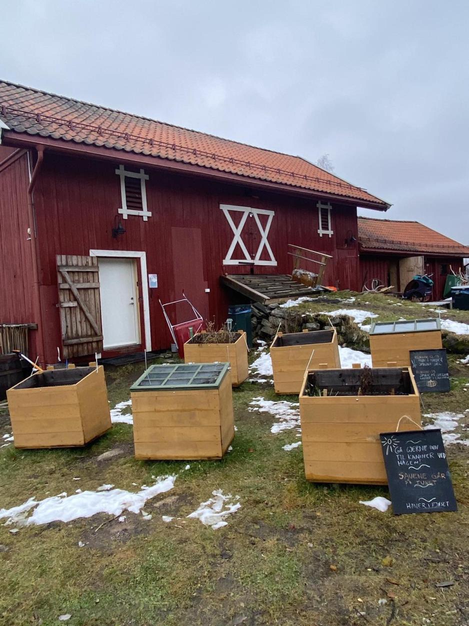 Gule kasser foran et gårdsbruk