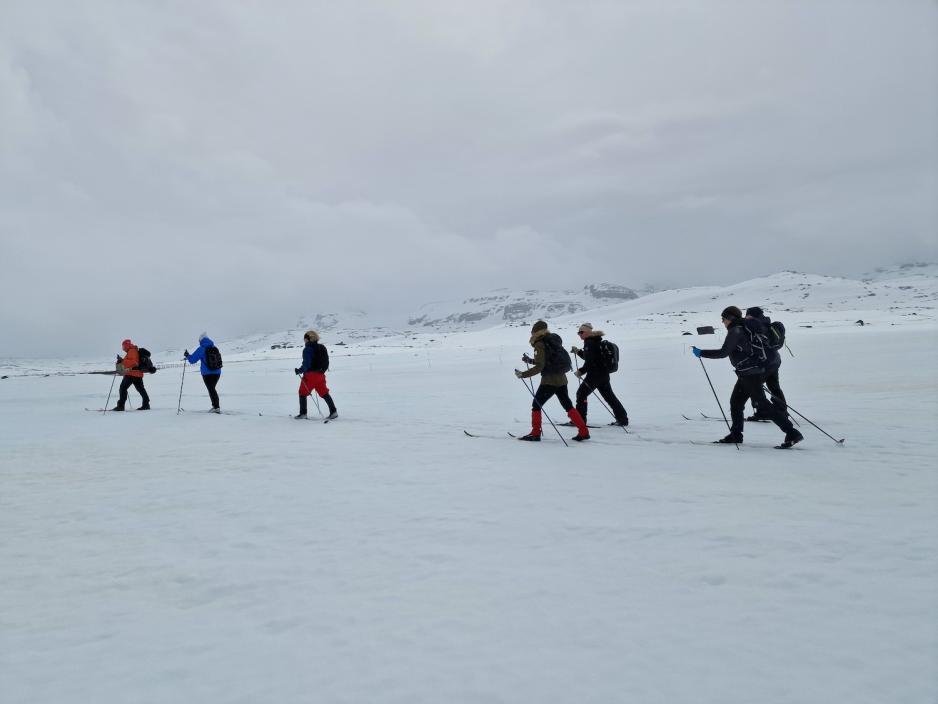 Skigåere i tåke på Finse