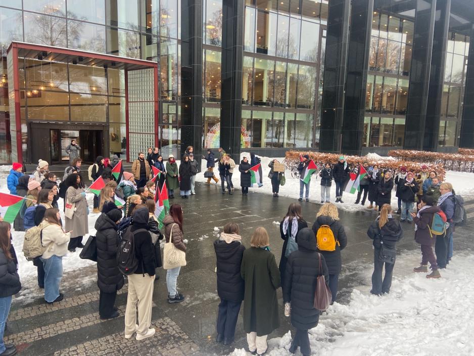 Et oversiktsbilde av alle demonstrantene utenfor Georg Sverdrups hus. Flere har flagg, og man står formet som en sirkel.