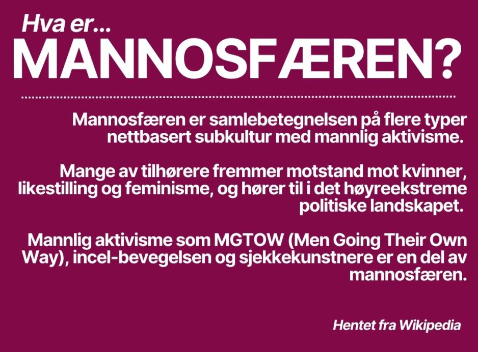 Faktatekst om mannosfæren; et samlebegrep om internettmiljøer som incel-bevegelsen, såkalte pick up-artists, og mannsaktivisme på nett. Høyrevridd anti-feminisme.