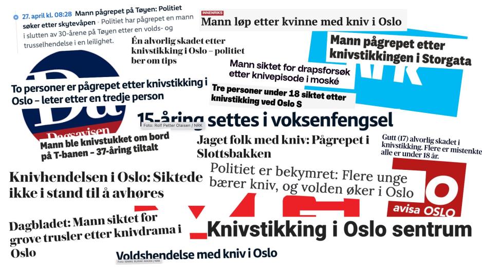 Kollasj med skjermdump fra medieoverskrifter om knivhendelser i Oslo.