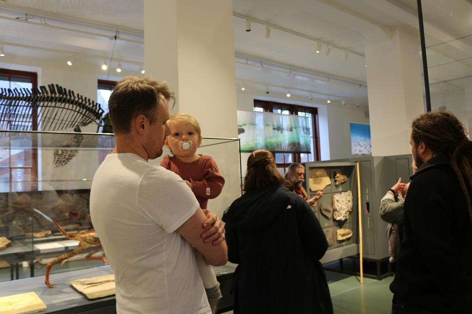 Et nysgjerrig barn sitter på armen til far på omvisning på Naturhistorisk museum.