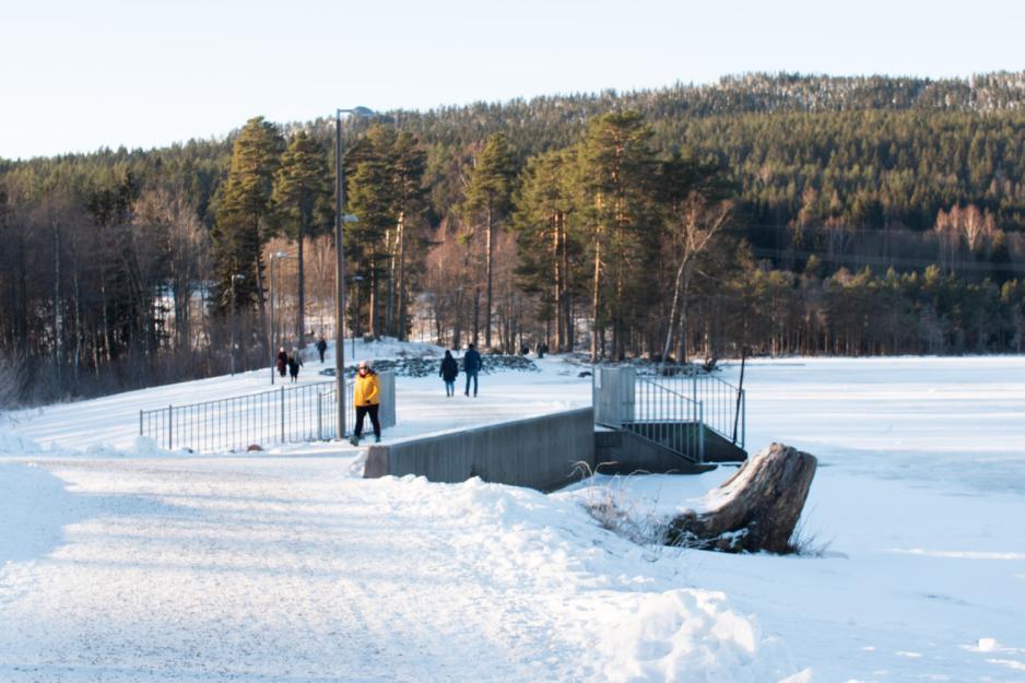 Folk som går på Sognsvann. Kaldt og snø ute. Sti til venstre, vannet til høyre