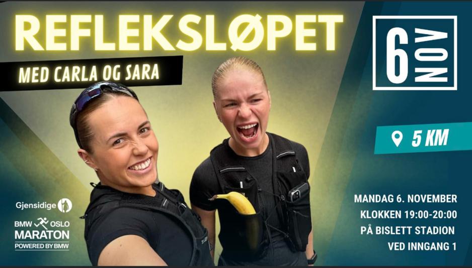 Skjermdump av arrangementinfo for refleksløpet 2023 på bislett stadion arrangert av Oslo maraton/Gjensidige