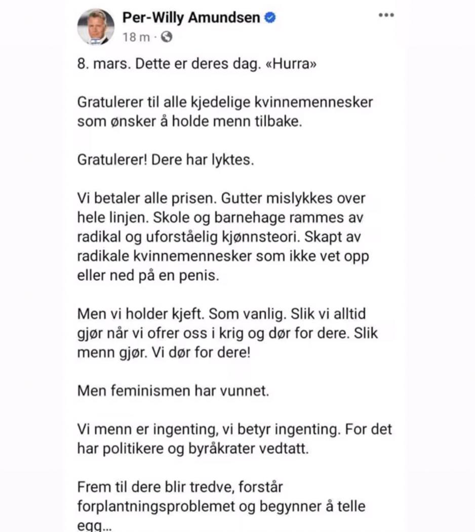 Skjermdump fra Per-Willy Amundsens Facebookprofil fra kvinnedagen