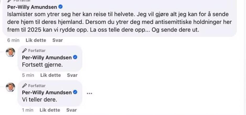 Skjermdump fra Per-Willy Amundsens Facebookprofil med sterke ytringer