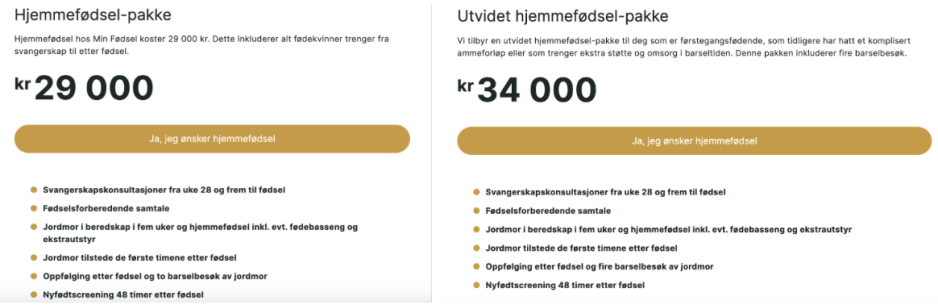 Et fødselstilbud koster 29000 og et annet for førstegangsfødende koster 34000.