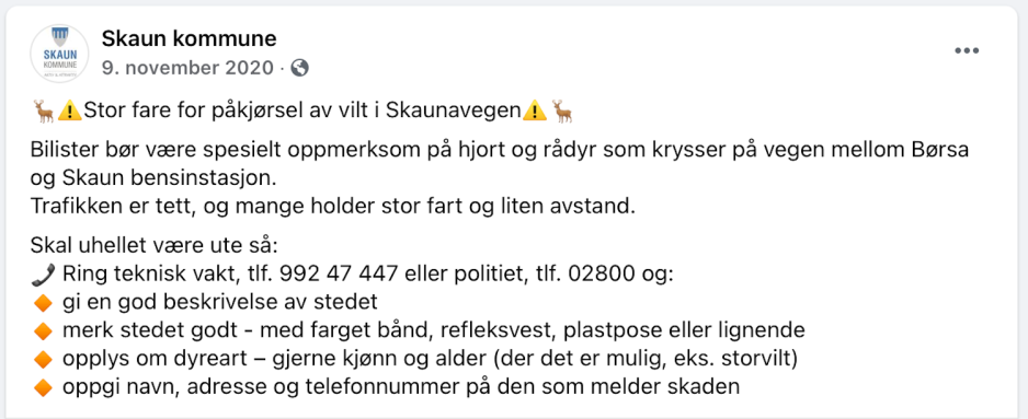 Skjermbilde viser at Skaun kommune advarer mot viltfare over Skaunaskogen