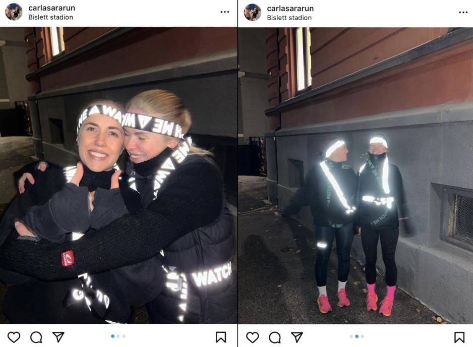 Sara Lundberg Enger og Carla Fuglset poserer med refleks på deres Instagram. 