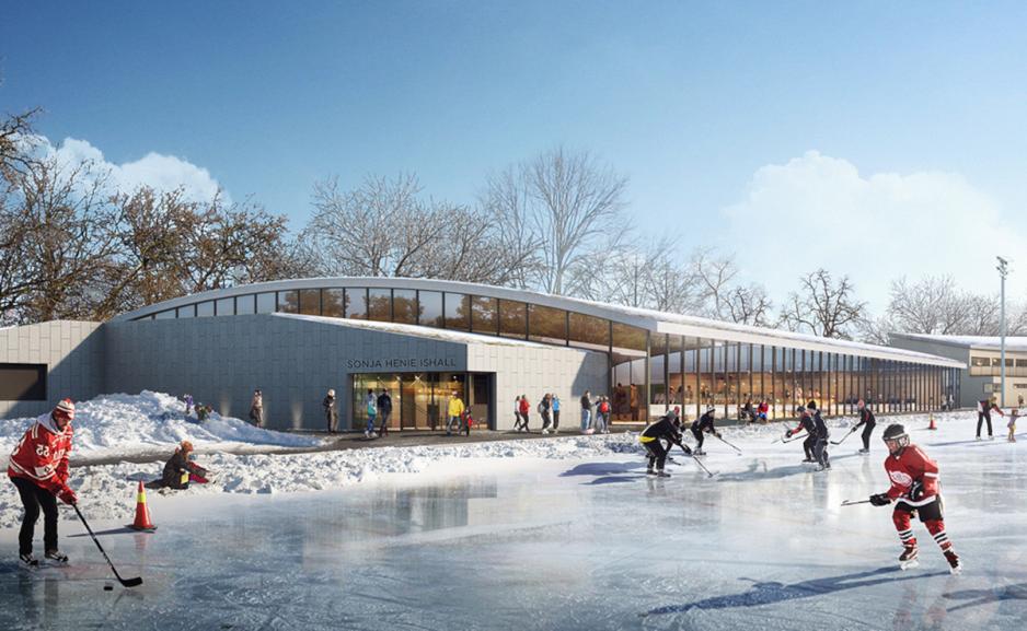 Folk spelar ishockey framfor ny ishall. Dyrvik Arkitekter