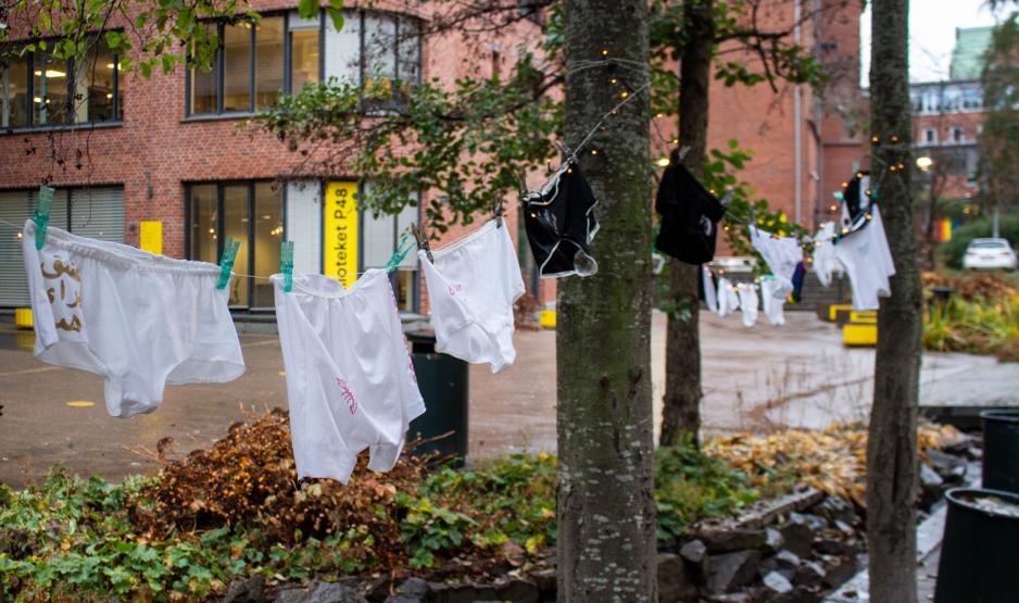 Truser som henger på en snor mellom trær 