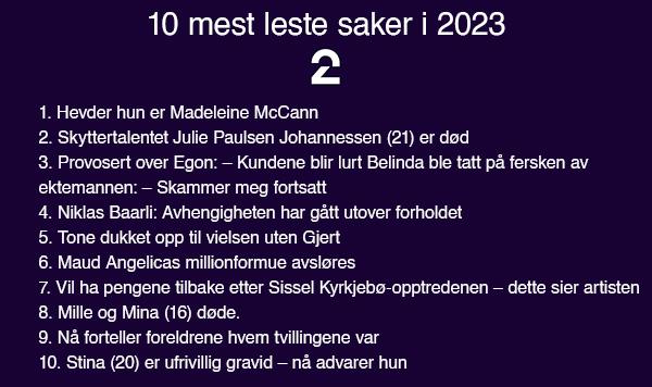 En mørk lilla bakgrunn med teksten: ti mest leste saker i 2023 fra TV2. Videre står en liste over titlene til alle de ti sakene.